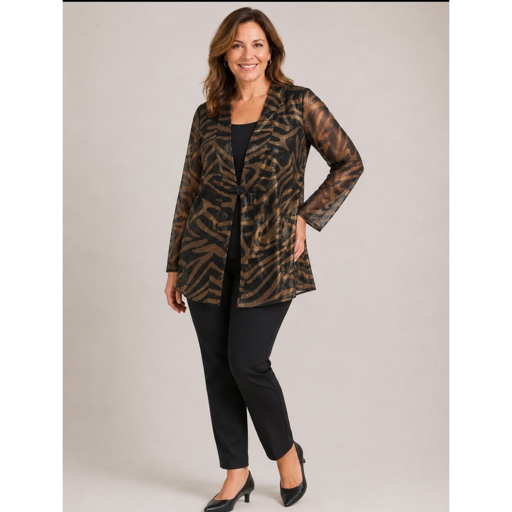 Additions by Chicos Womens Size 1 Gold Metallic Zebra Print Sheer Topper Jacket